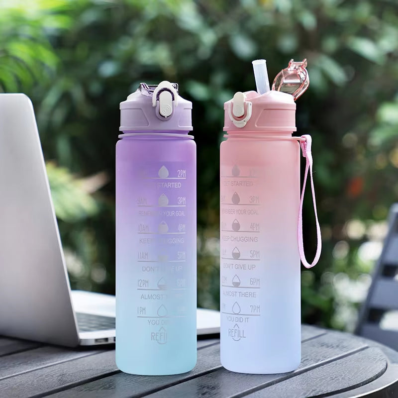 Gradient Color Water Cup, Simple Rope Lifting Space Cup, Student Scale Straw Cup, Sports Water Bottle, High Aesthetic Value