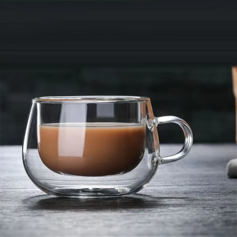 High Borosilicate Glass Double Wall Mug - 150-350ml Heat Resistant Coffee and Milk Cup with Handle, Clear Design, Ideal Gift