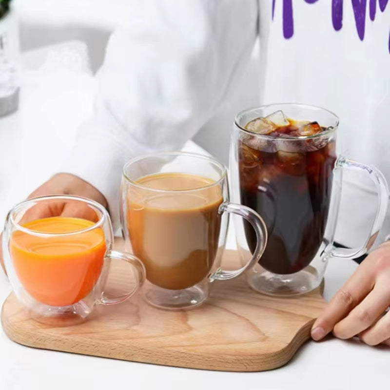 Double Layer Transparent Glass Cup High Borosilicate Glass Juice Milk Heat-Resistant Coffee Cup round Egg Shape with Handle