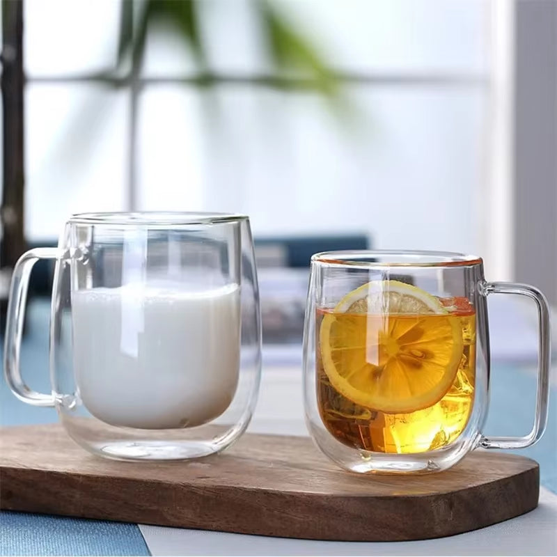 High Borosilicate Glass Double Wall Mug - 150-350ml Heat Resistant Coffee and Milk Cup with Handle, Clear Design, Ideal Gift